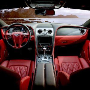 Red leather luxury sports car interior with mountain backdrop outside the window.